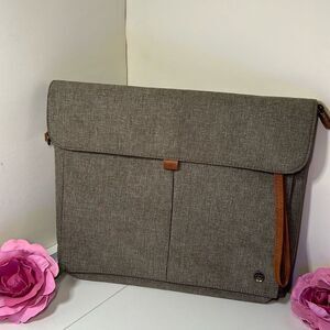 PKG Tablet Case Laptop Bag New w/o Tags Gray with Tobacco Faux Leather Trim